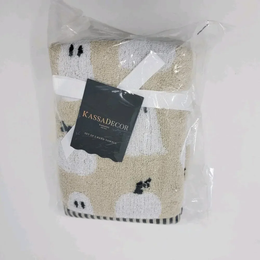 KassaDecor Hand Towels Set of 2 Ghost Pumpkins Halloween Beige White Black